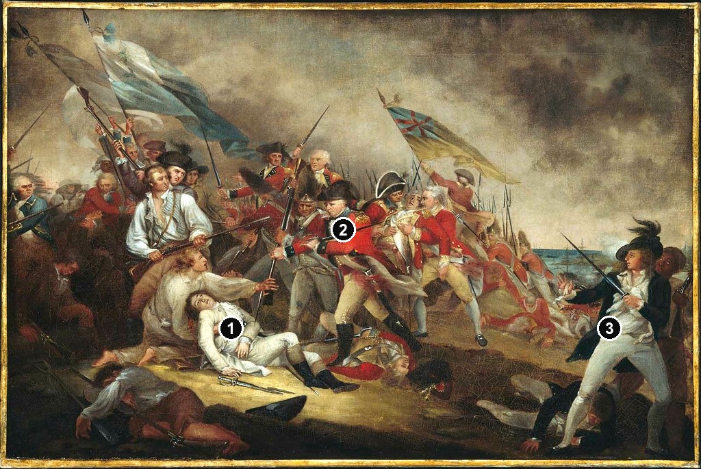 Annotated details from The Death of General Warren at Bunker’s Hill by John Trumbull